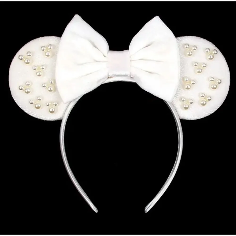 White velvet Minnie Mouse ears with pearl accent